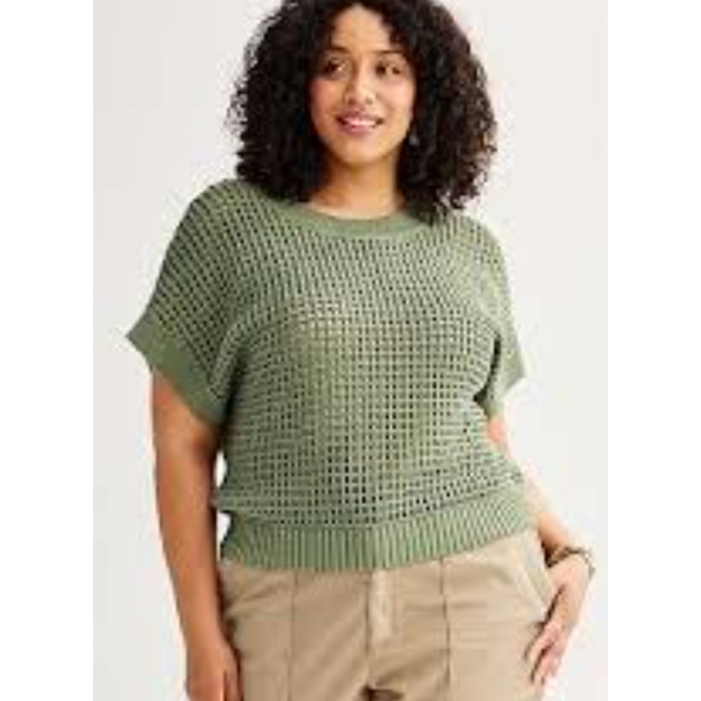 Sonoma Short Sleeve Open Stitch Dolman Sweater Olive Green Size 2X